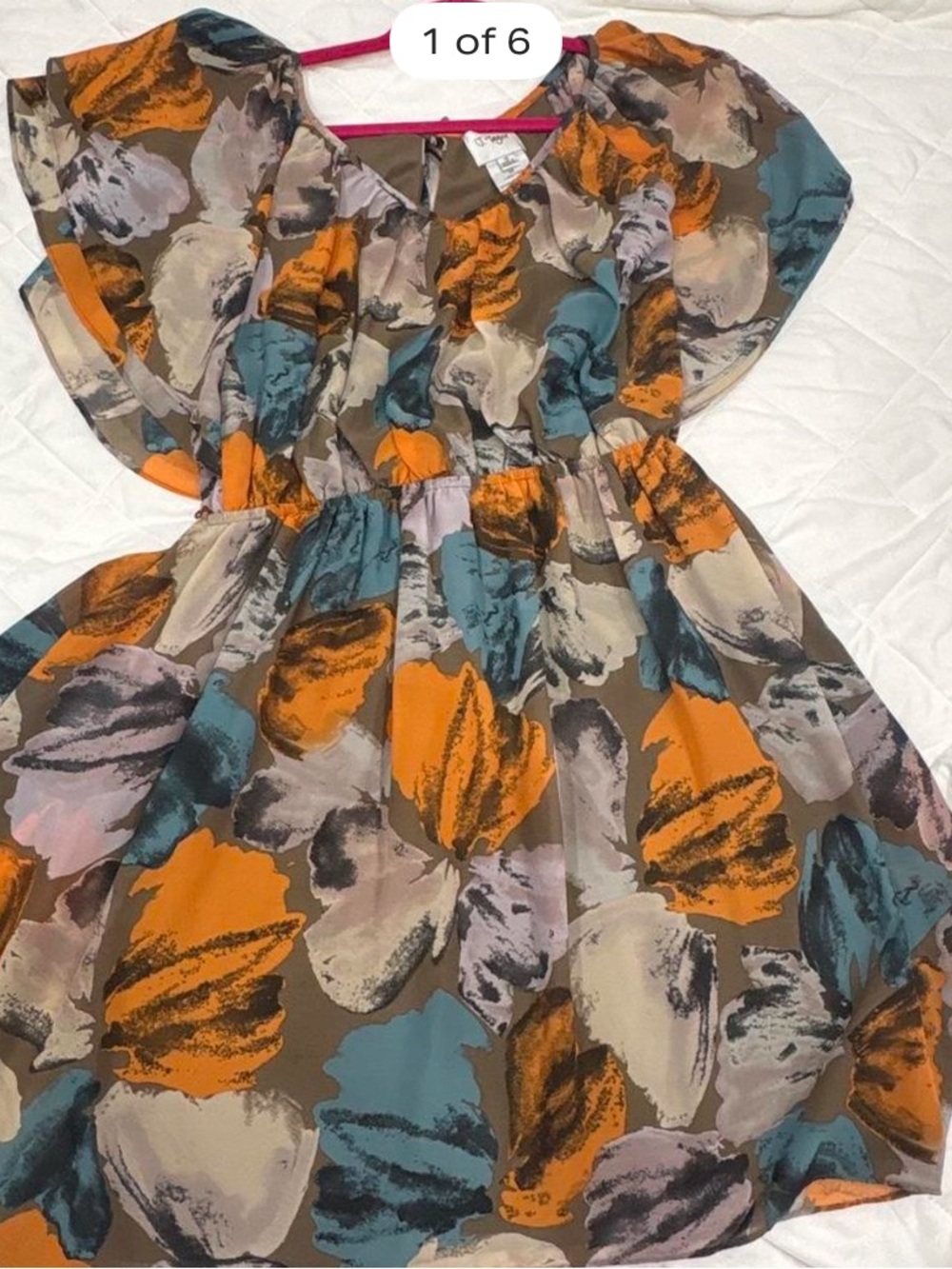 Taylor Abstract Floral Flutter-Sleeve Dress in Orange, Teal and Taupe